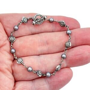 Vintage Sterling Silver 925 Gray Pearl Toggle Bracelet 7"